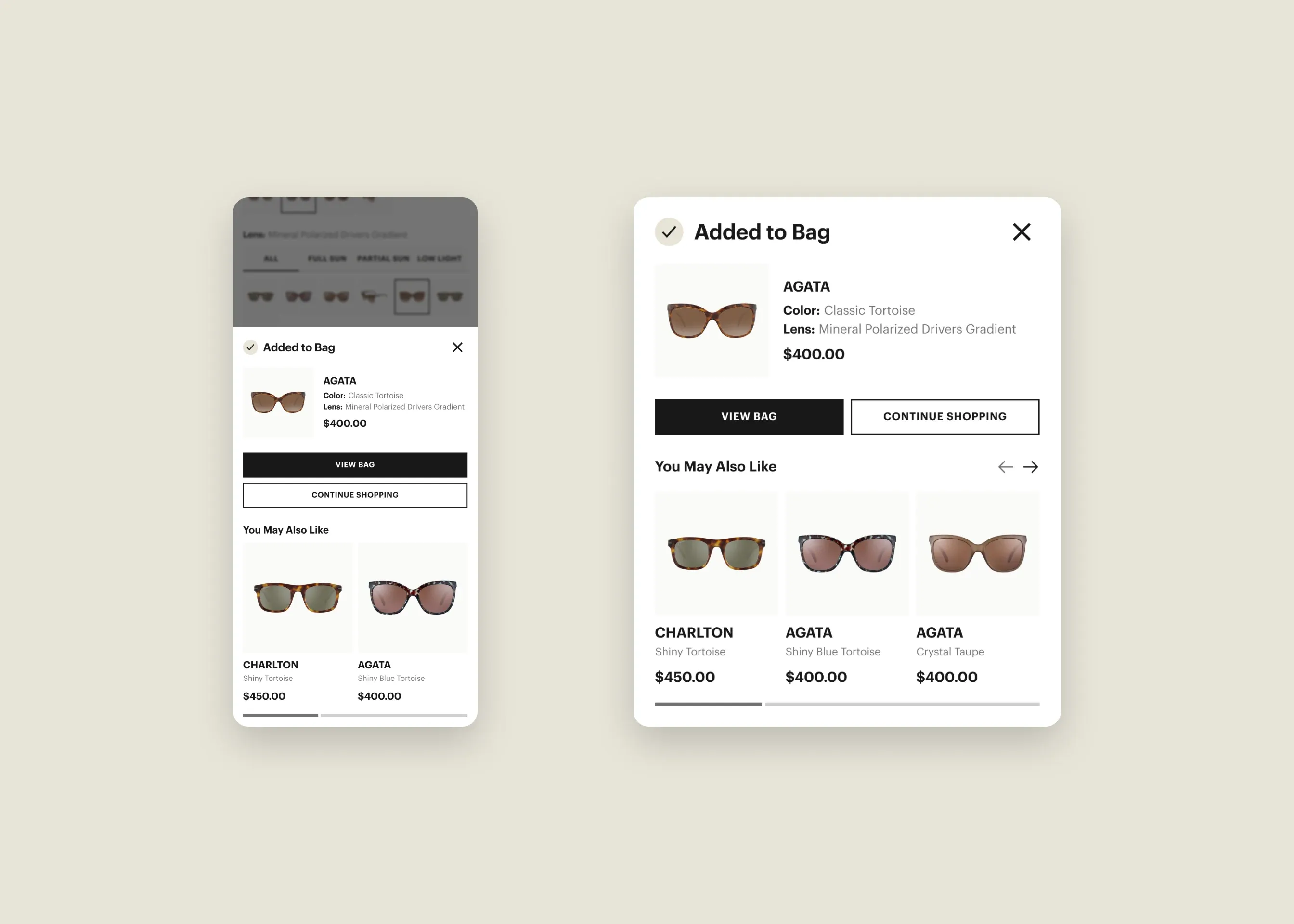 Serengeti — desktop added to bag modal; mobile added to bag