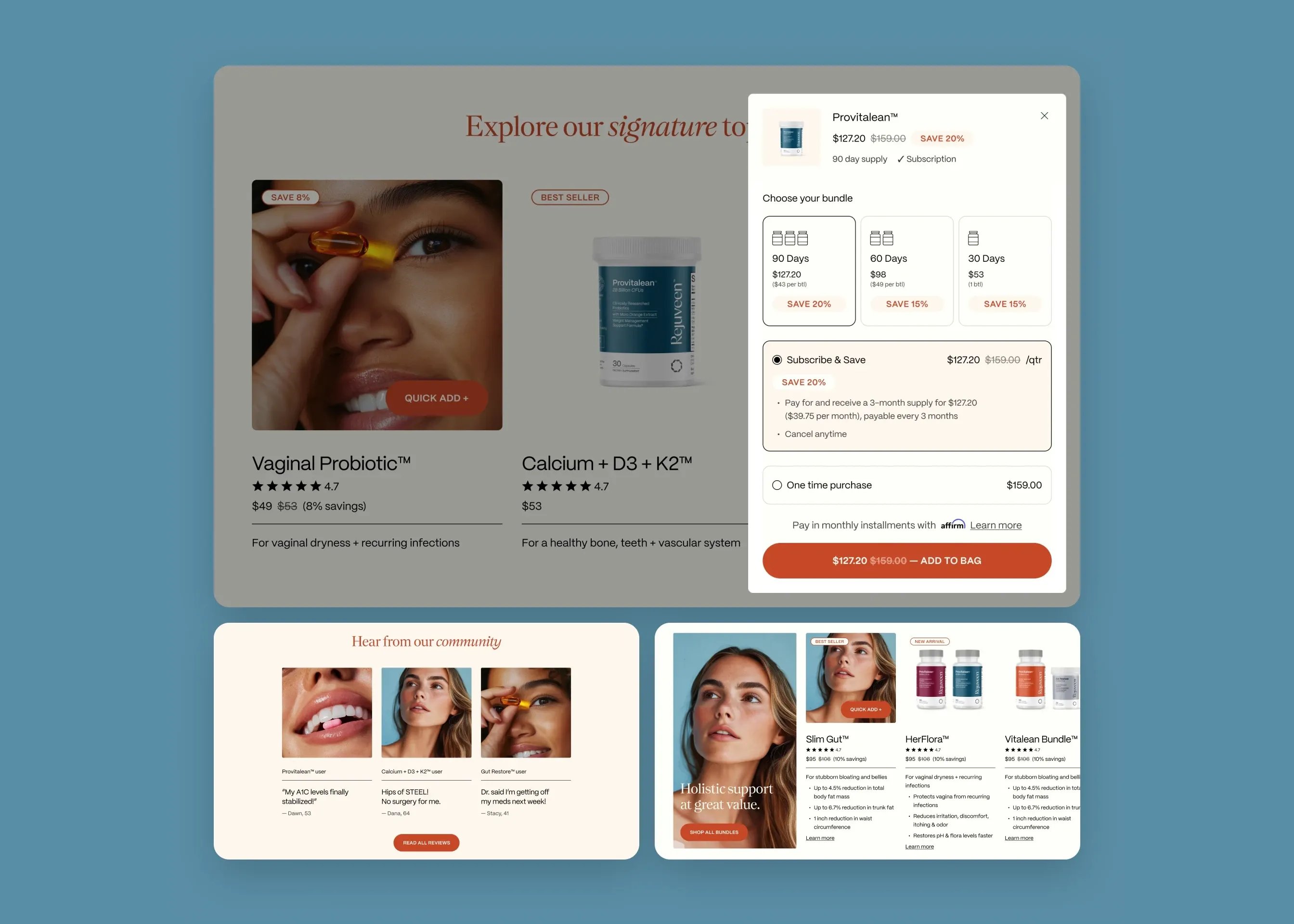 Rejuveen — desktop quick add (bundle sizes); desktop community reviews; desktop combine supplements (bundles)