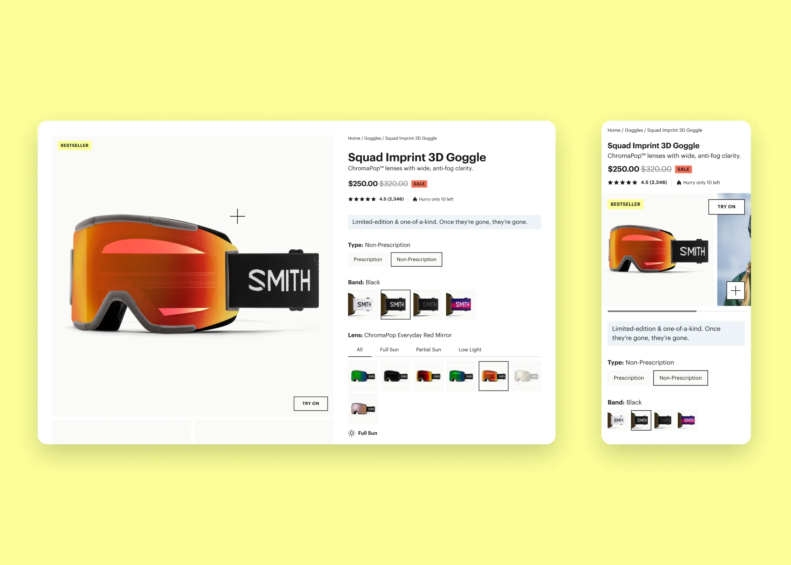 Smith — desktop product page; mobile product page