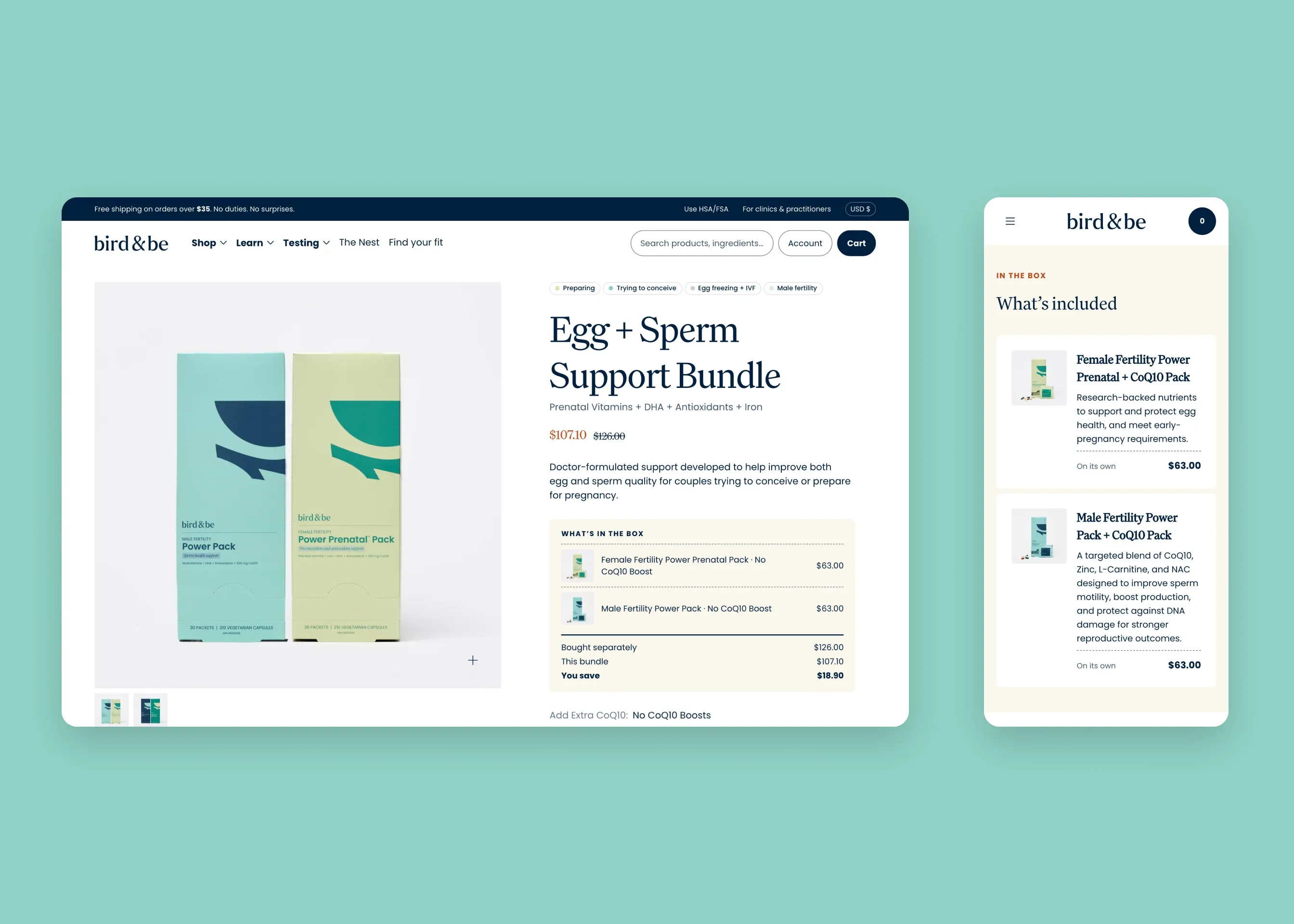 Bird&Be — desktop bundle product page (Egg + Sperm Support); mobile bundle: what’s included