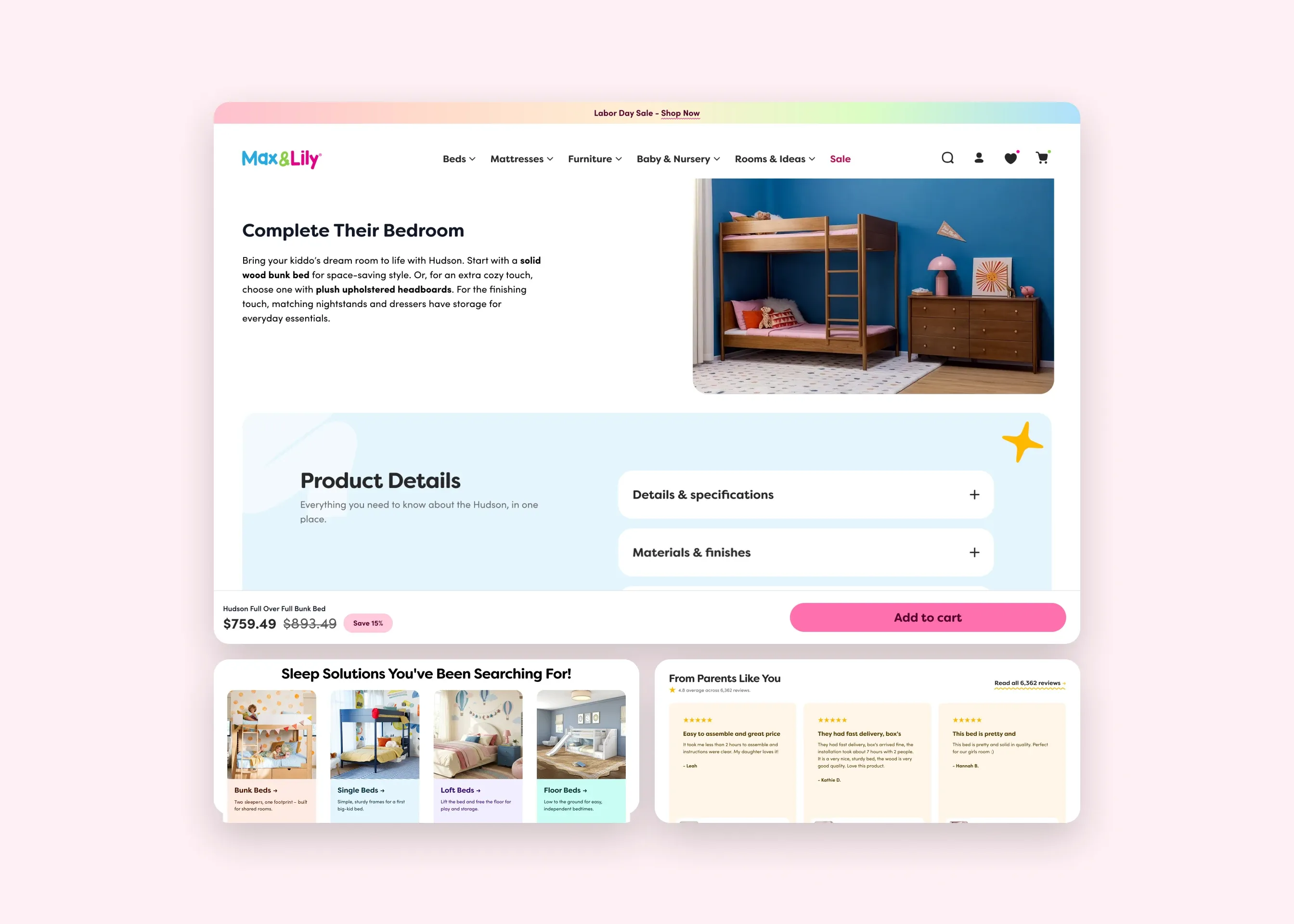 Max & Lily — desktop sticky add to cart; desktop sleep solutions; desktop parent reviews