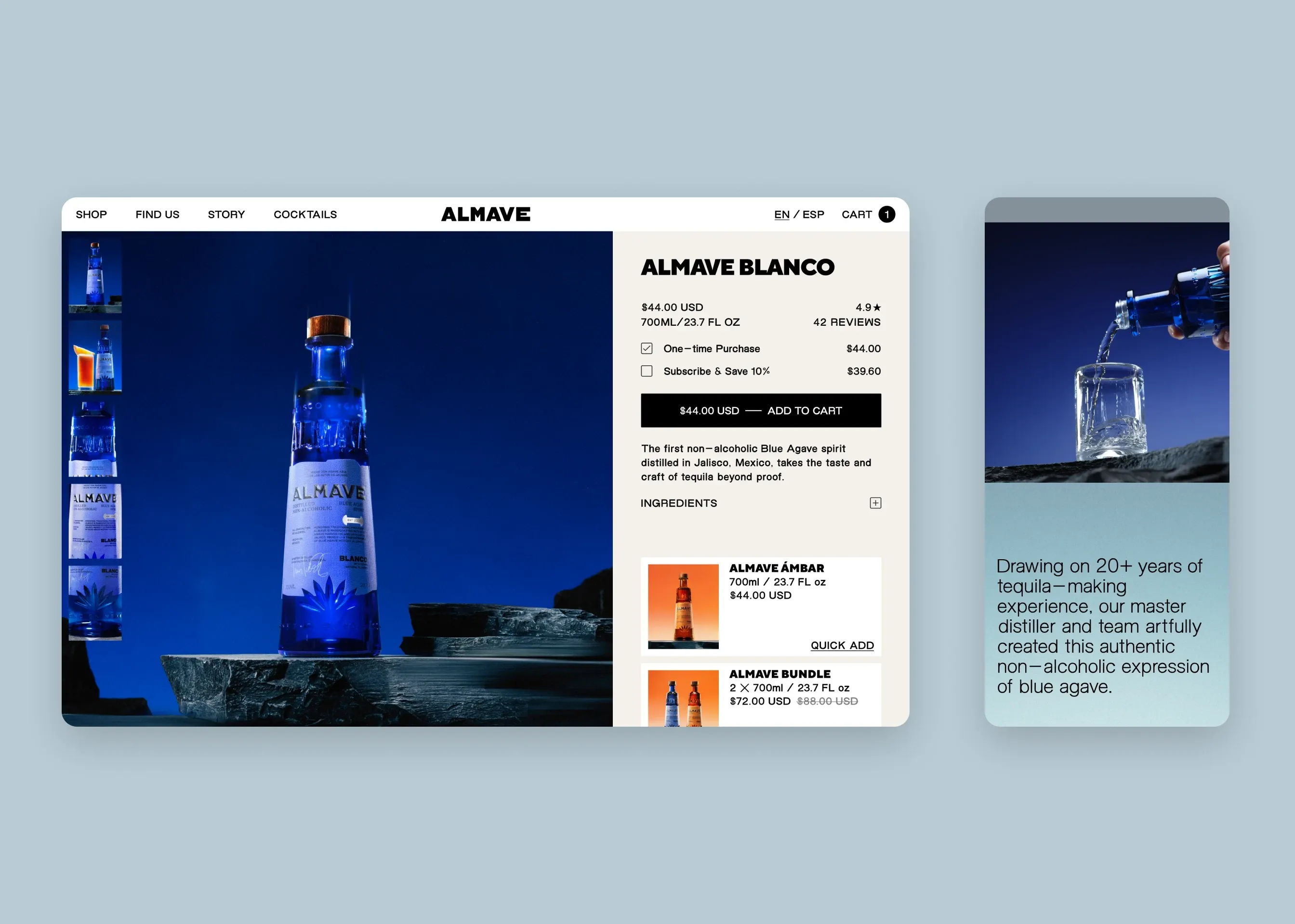 Almave — desktop product page (Blanco); mobile Blanco: the pour