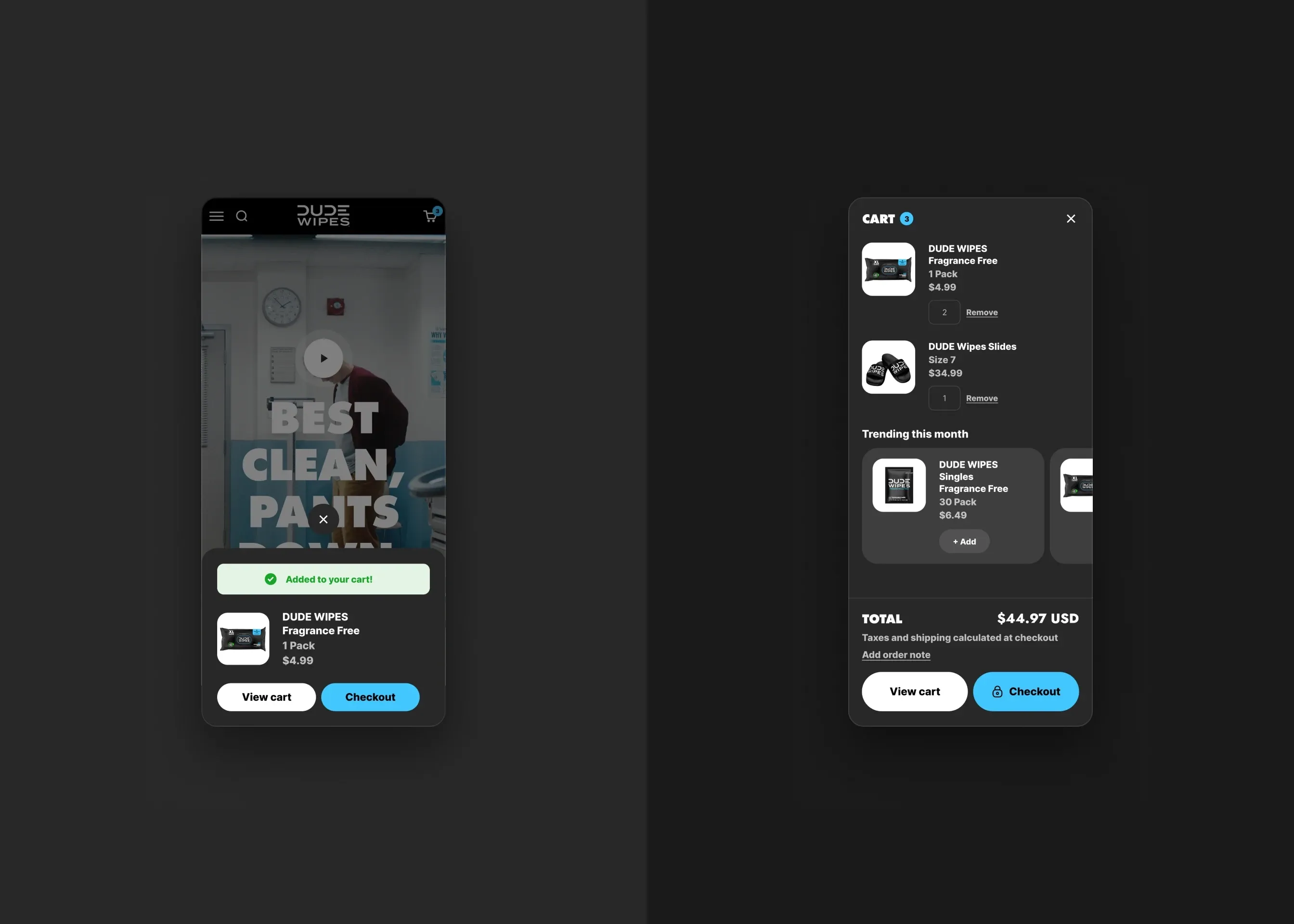 DUDE Wipes — mobile added-to-cart confirmation; mobile cart drawer