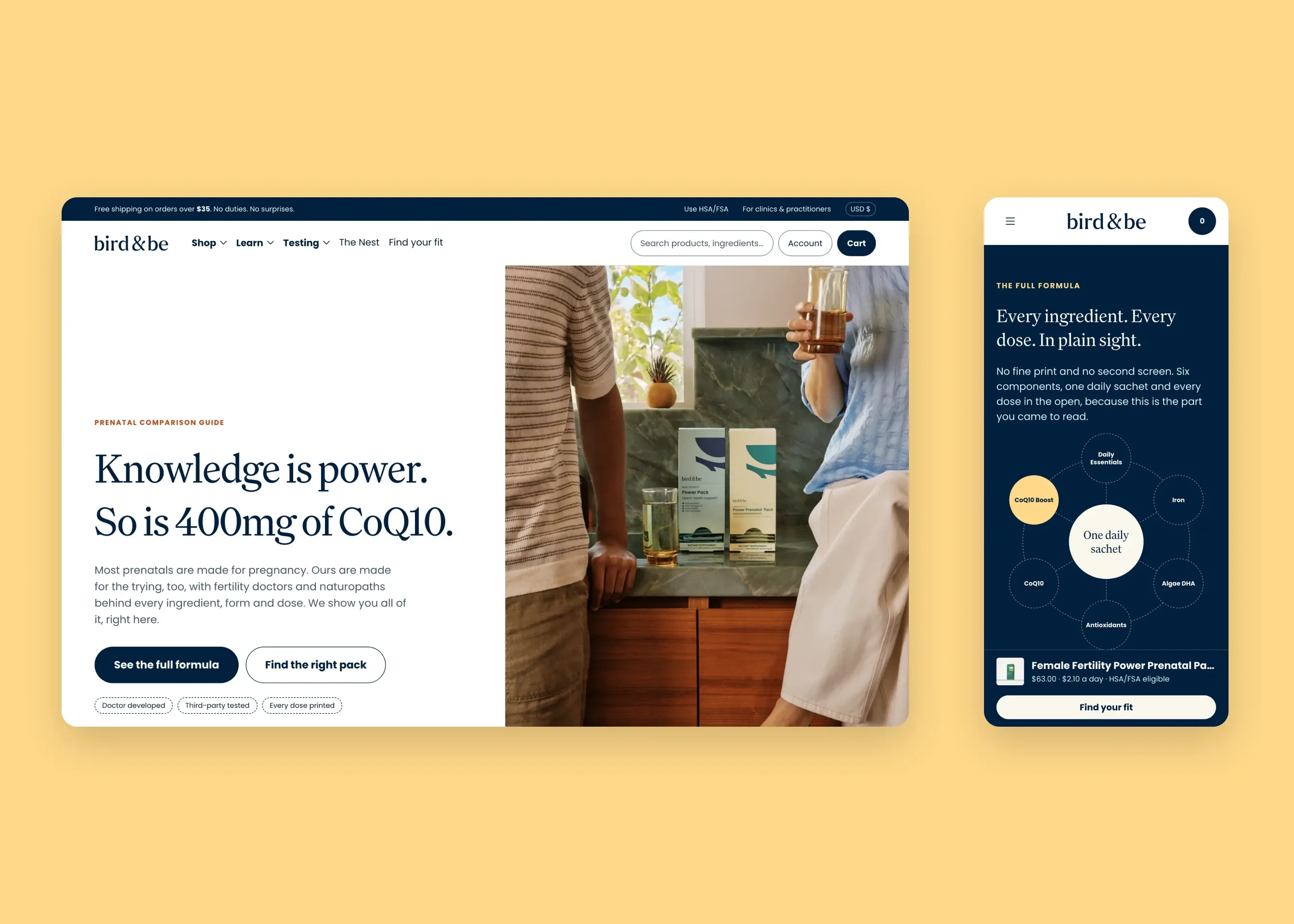 Bird&Be — desktop prenatal comparison guide hero; mobile every ingredient, every dose