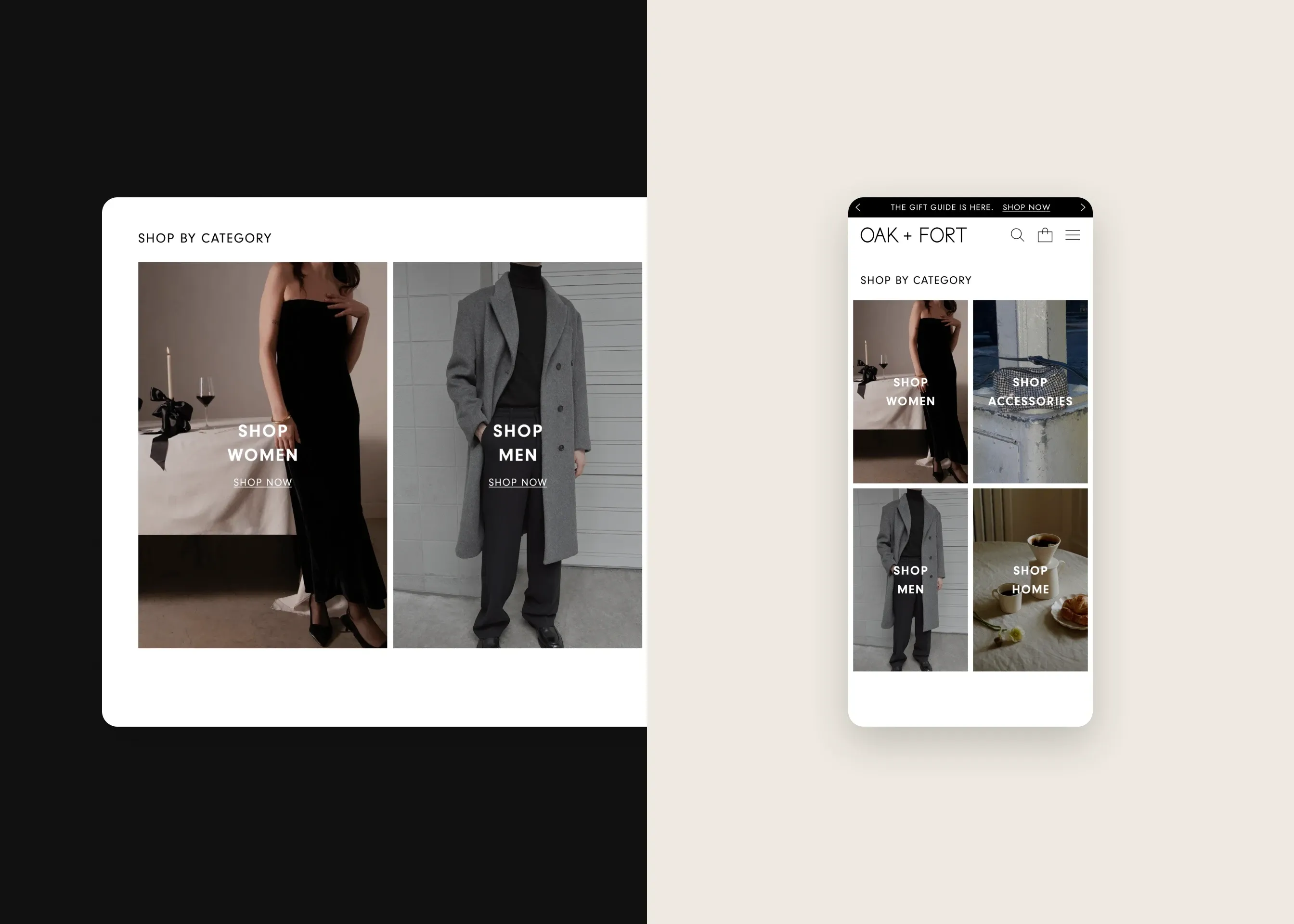 Oak + Fort — desktop shop by category; mobile shop by category