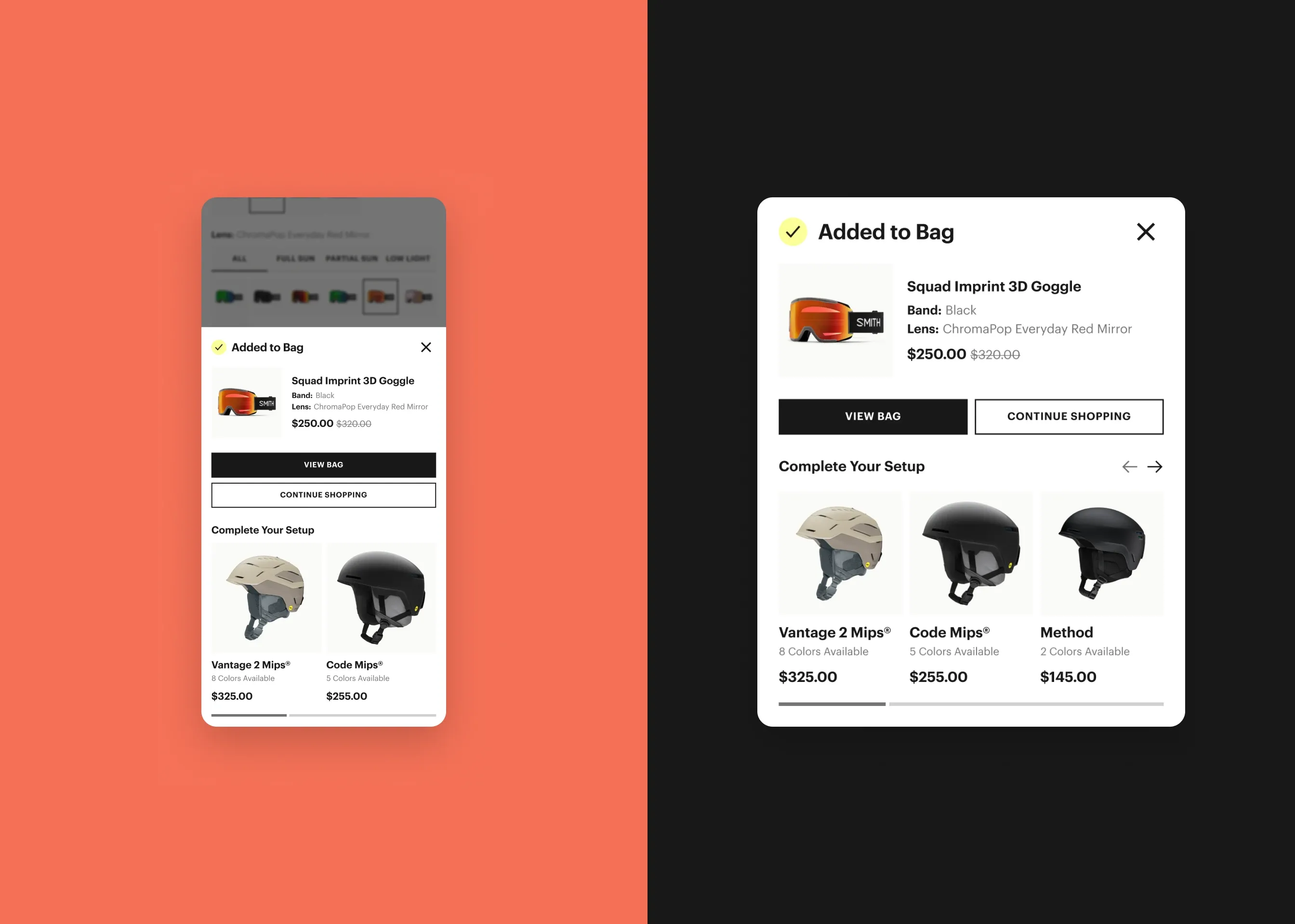 Smith — mobile added to bag; desktop added to bag modal