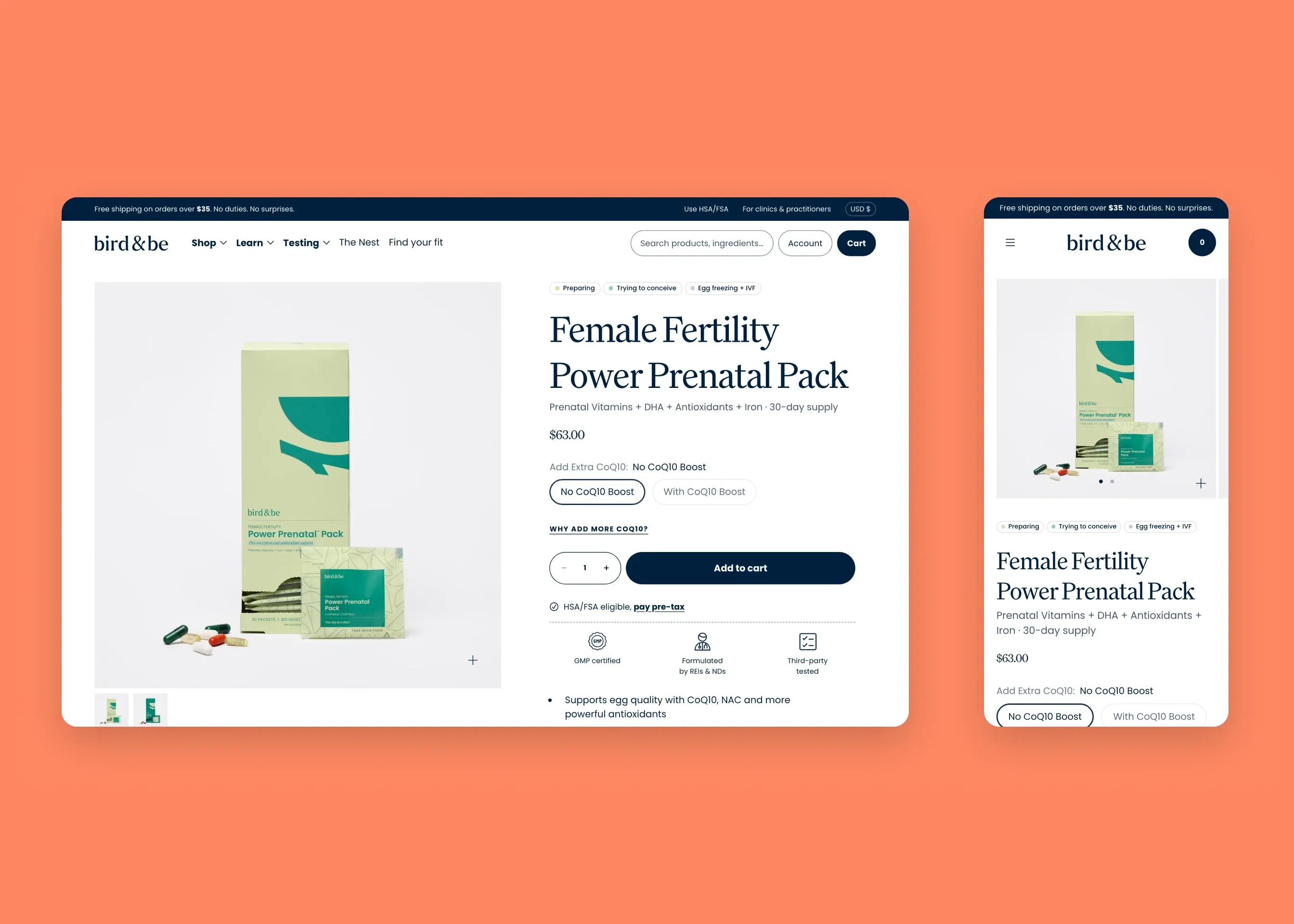Bird&Be — desktop product page (Female Fertility Power Prenatal Pack); mobile product page (Female Fertility Power Prenatal Pack)