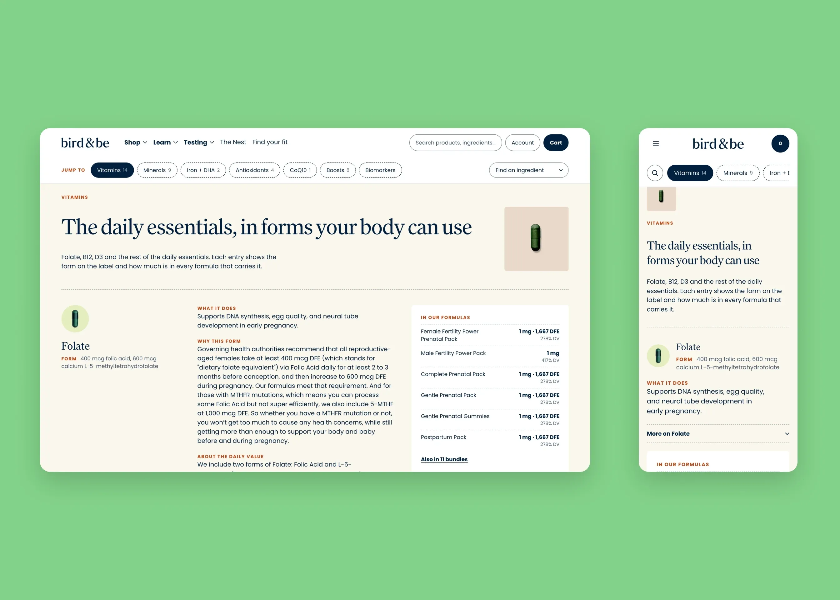 Bird&Be — desktop Ingredients Hub: the daily essentials; mobile Ingredients Hub: the daily essentials