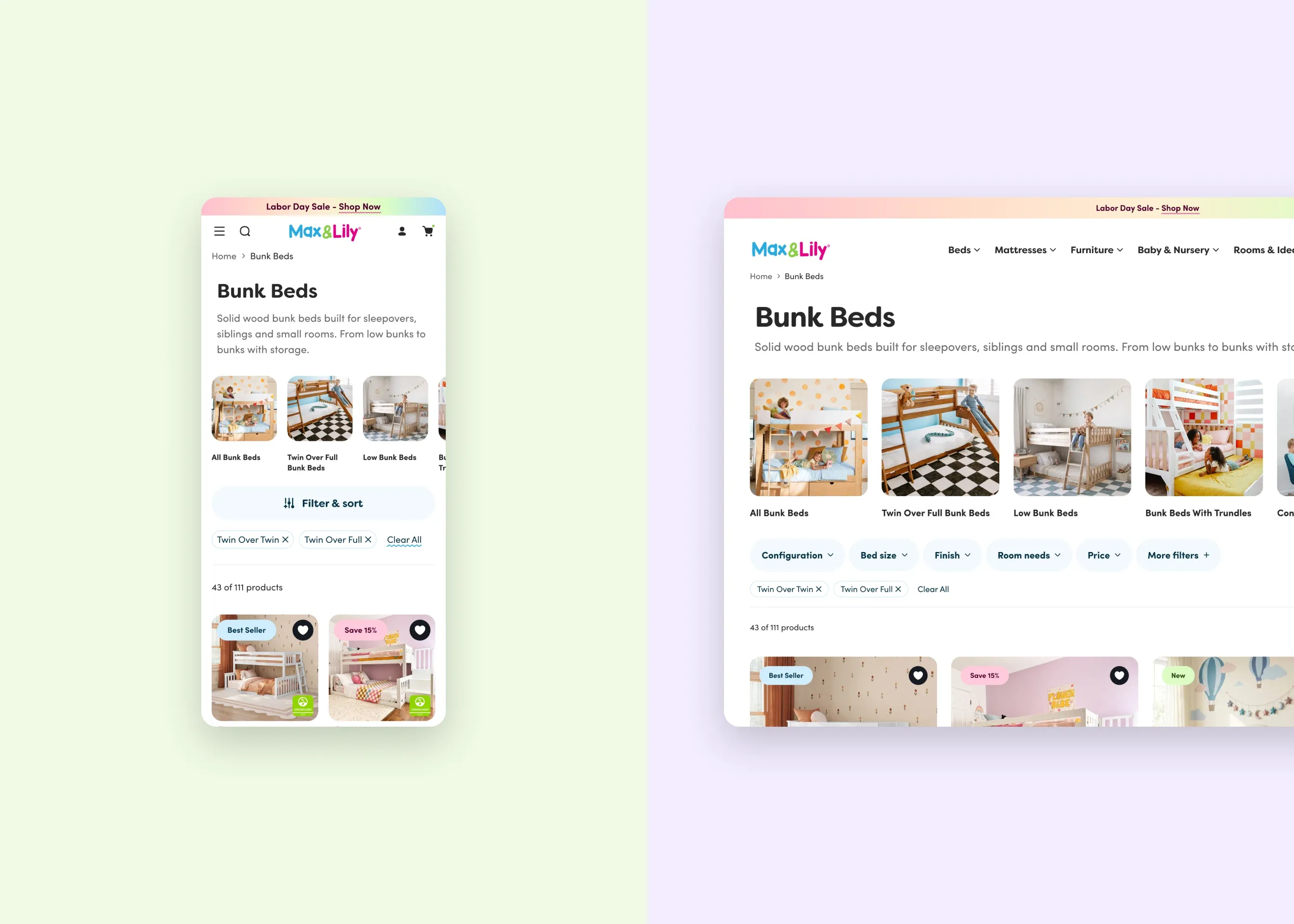 Max & Lily — mobile bunk beds collection; desktop bunk beds collection