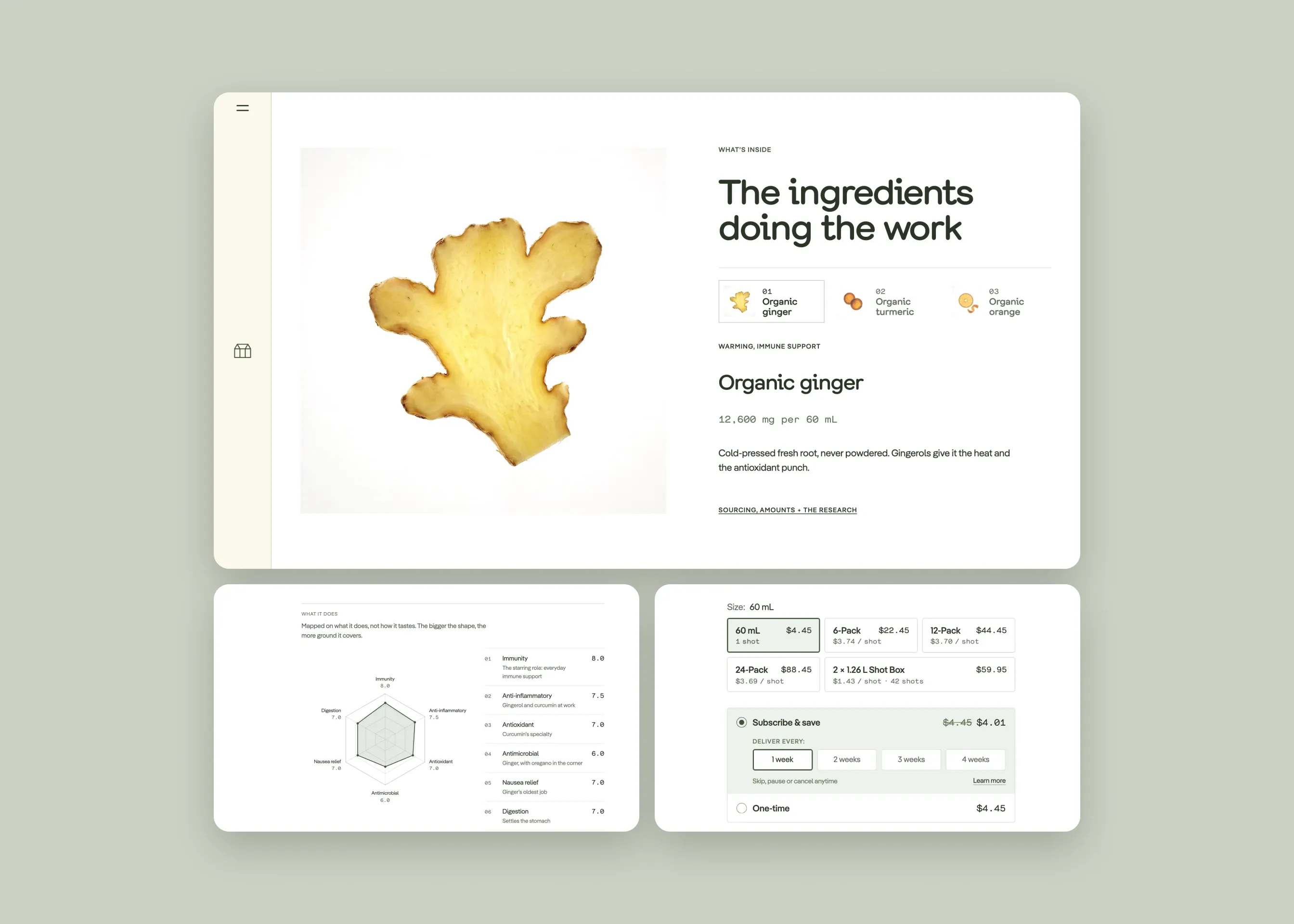Greenhouse — desktop ingredients doing the work; desktop what it does (radar); desktop pack sizes + subscribe