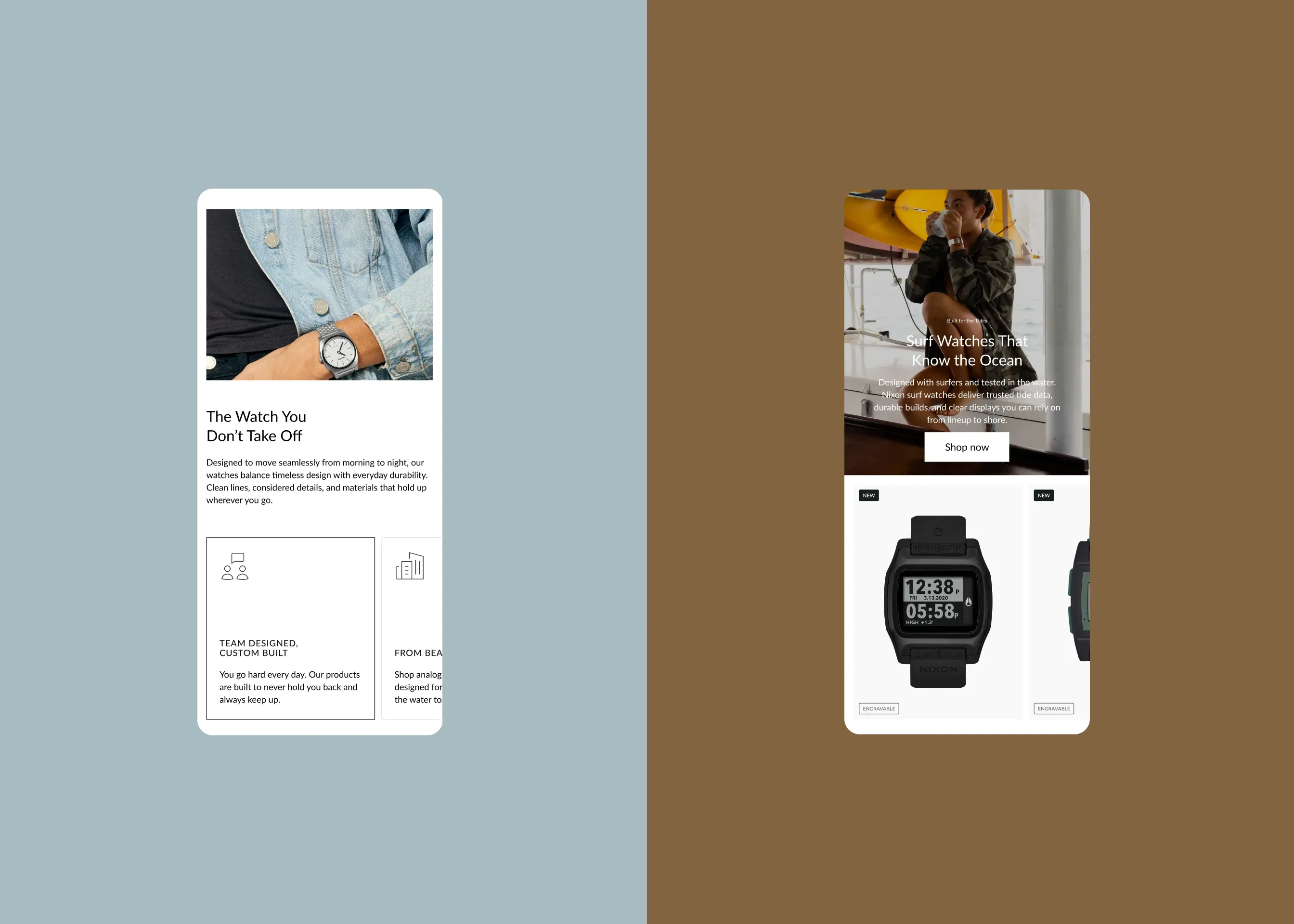 Nixon — mobile content sections with icon features; mobile surf watch feature with product carousel