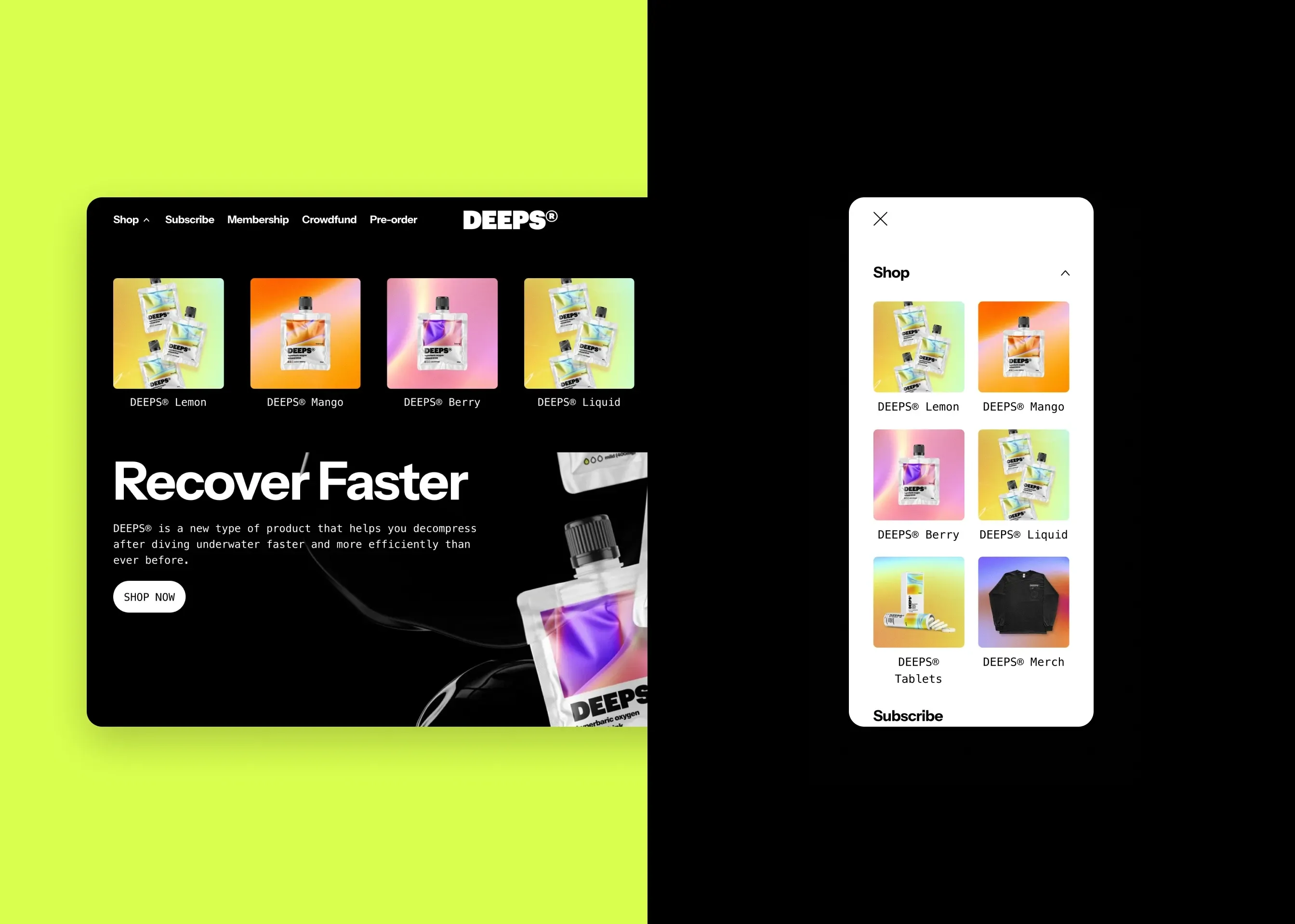 DEEPS — desktop shop menu; mobile menu