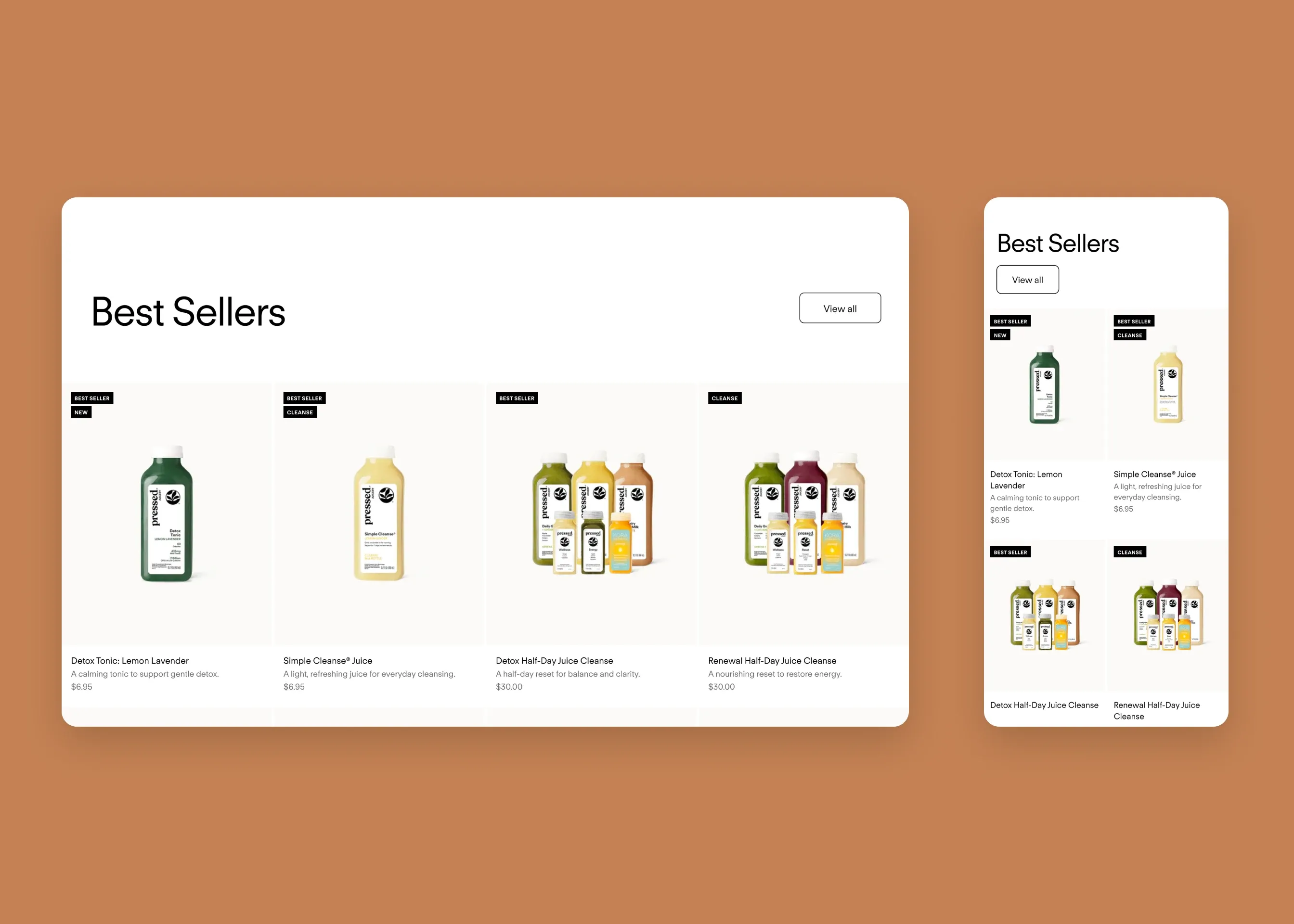Pressed Juicery — desktop best sellers; mobile best sellers
