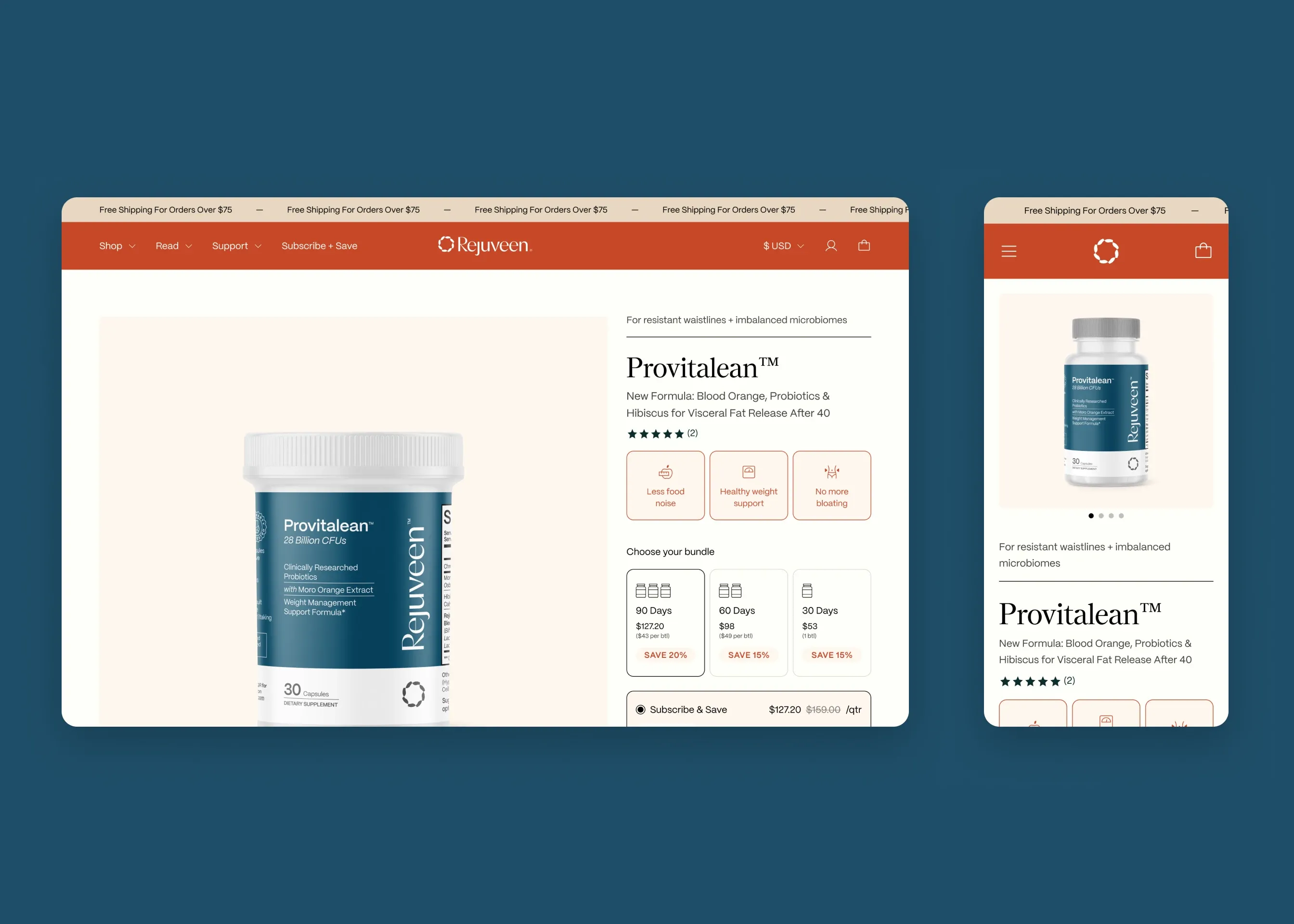 Rejuveen — desktop Provitalean PDP; mobile Provitalean PDP
