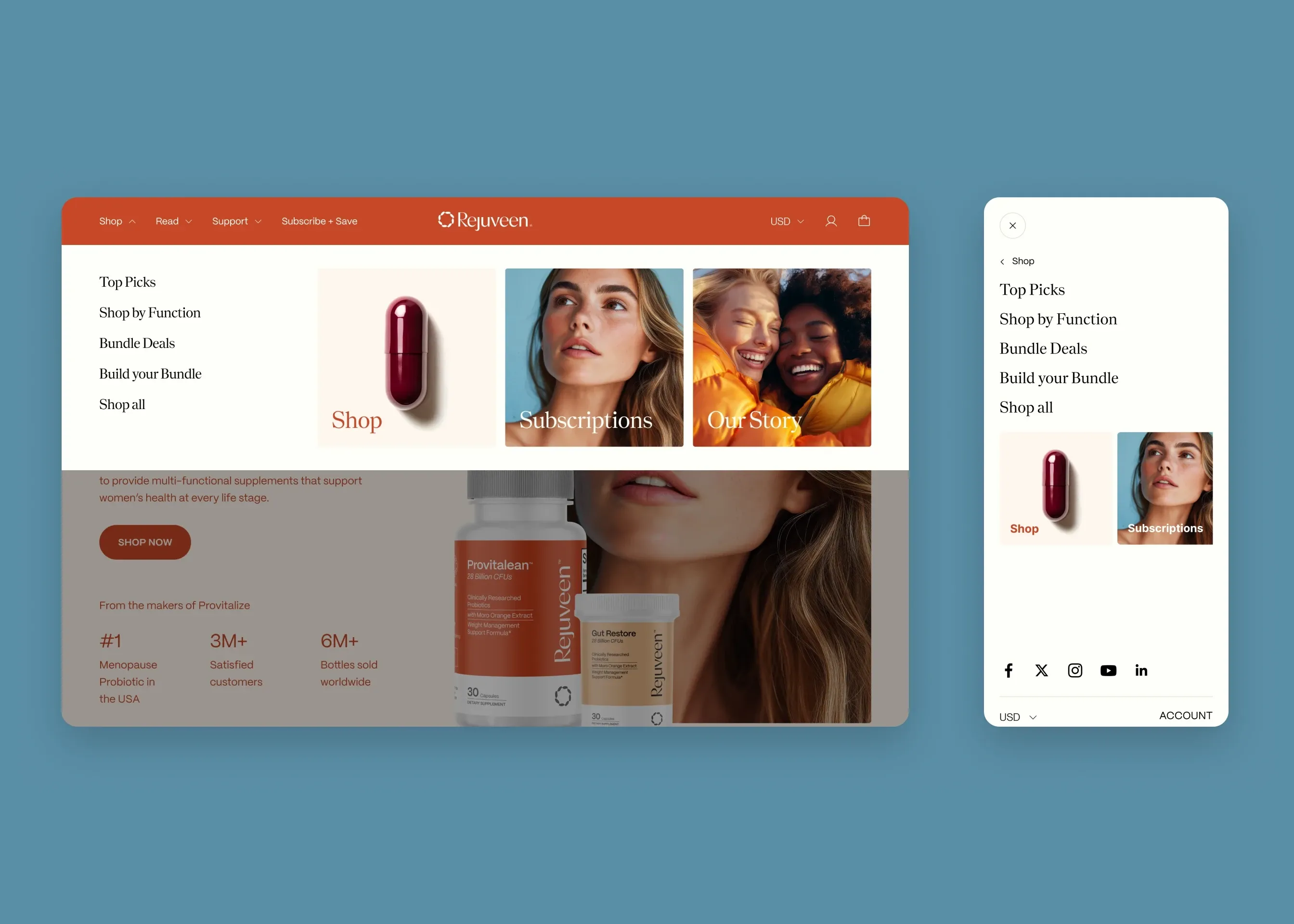Rejuveen — mobile shop menu; desktop shop menu