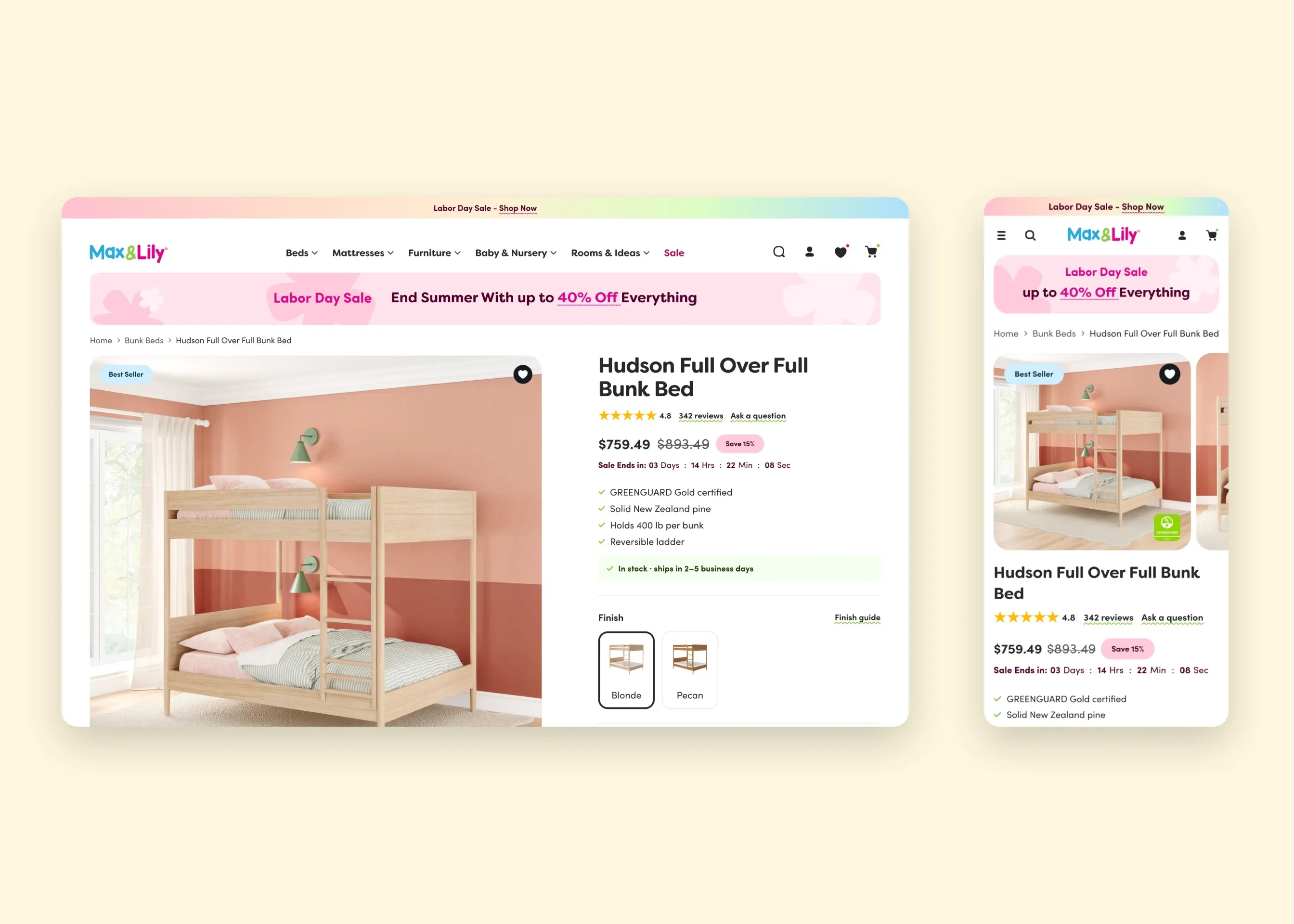 Max & Lily — desktop Hudson bunk bed PDP; mobile Hudson bunk bed PDP