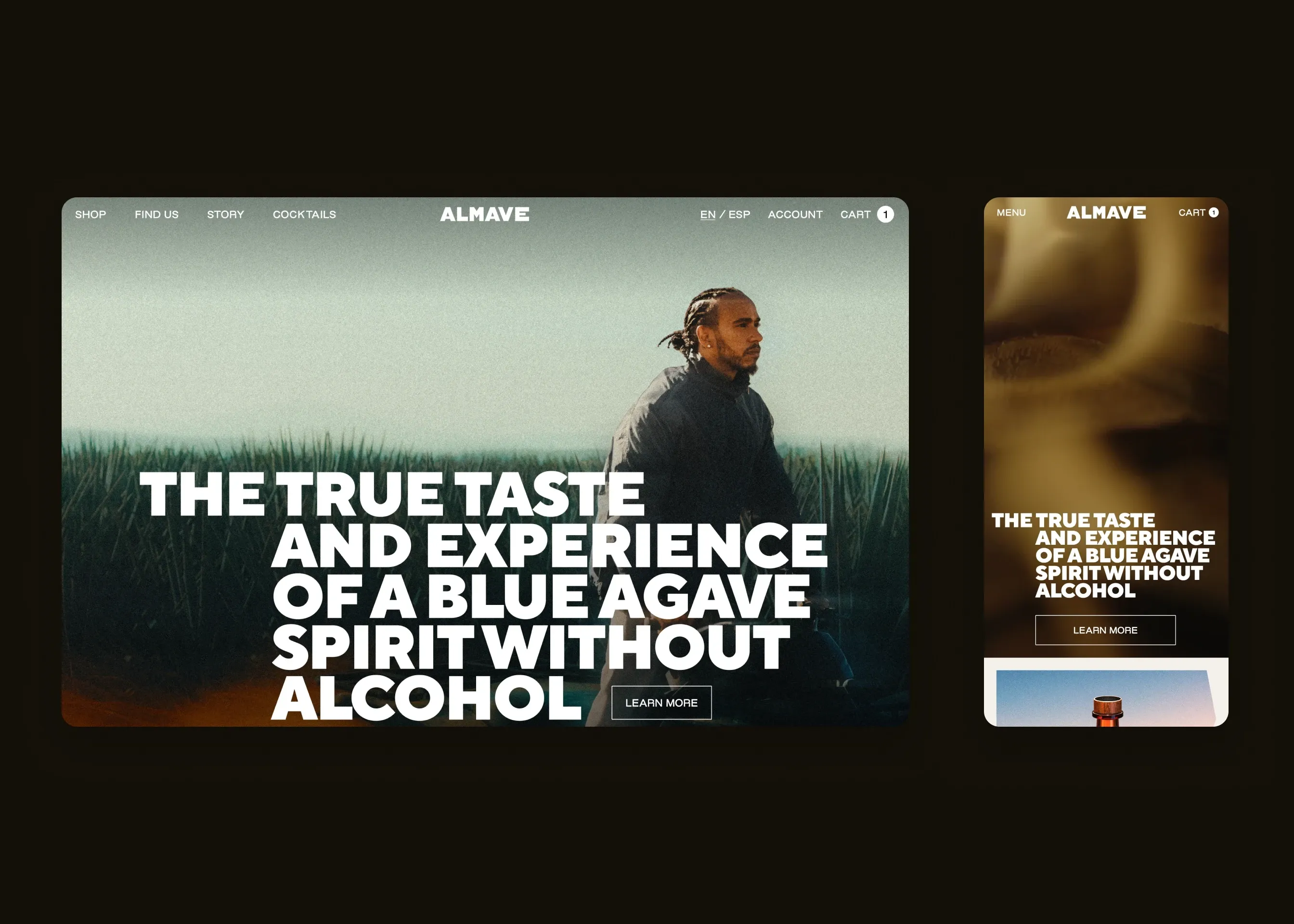 Almave — desktop homepage (Lewis Hamilton hero); mobile homepage hero