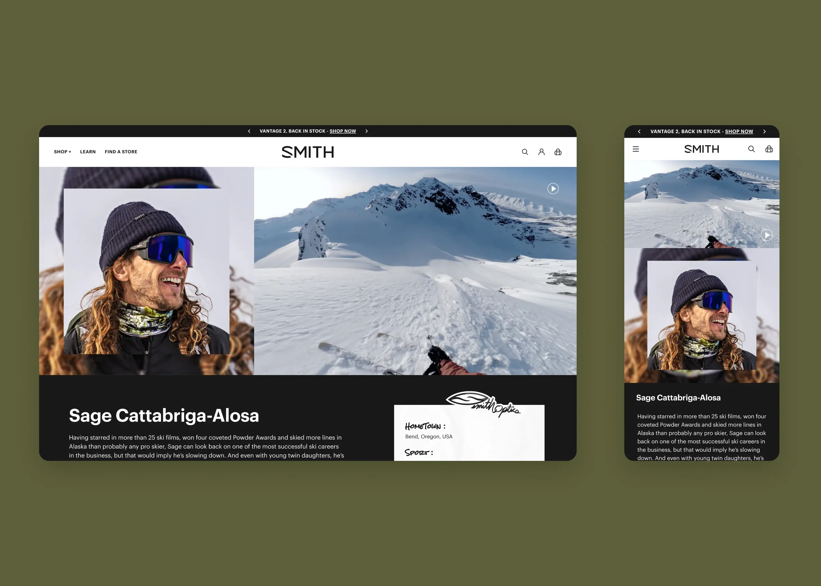 Smith — desktop athlete detail page; mobile athlete detail page