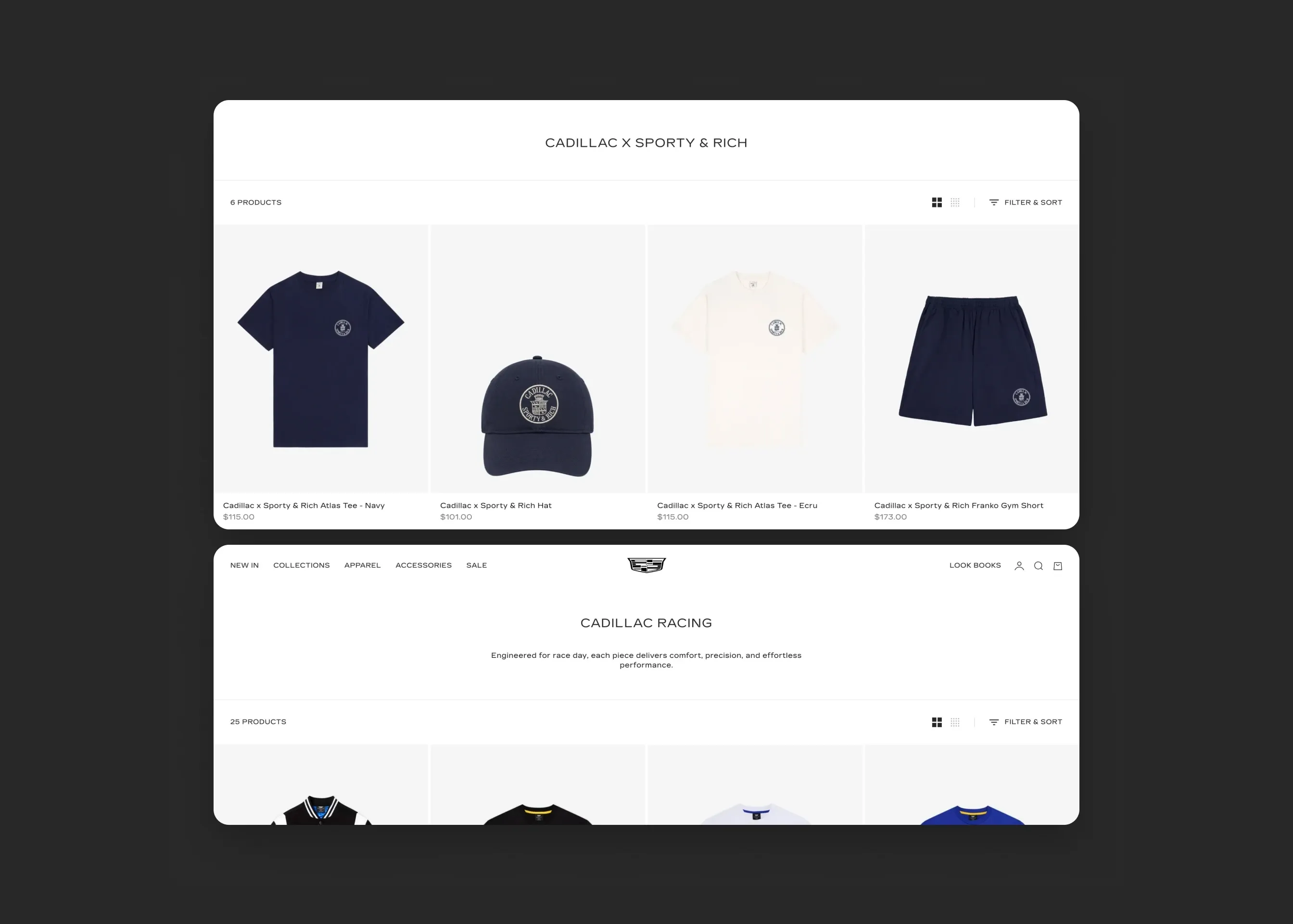 Cadillac Merchandise — desktop Cadillac x Sporty & Rich collection; desktop Cadillac Racing collection