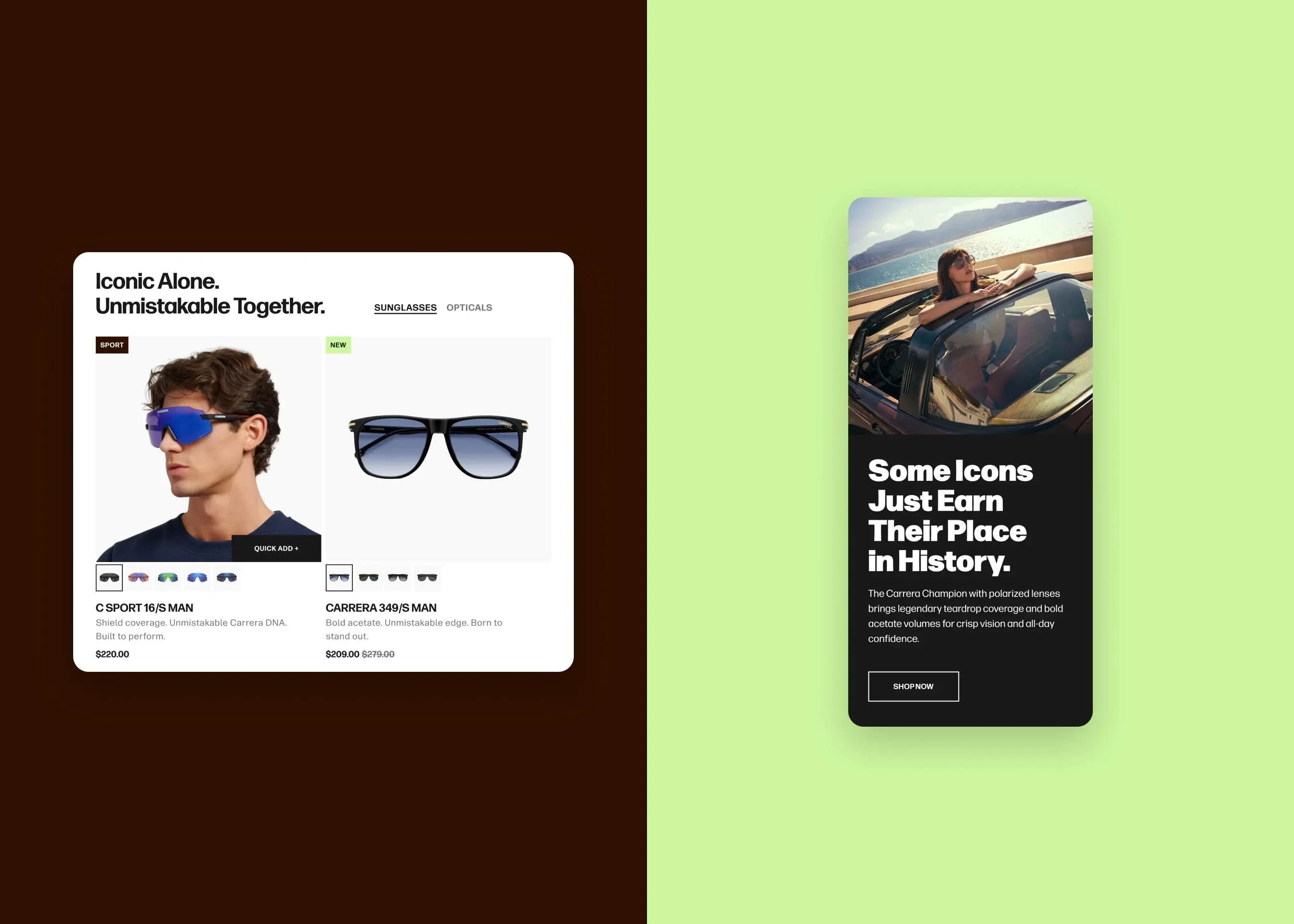Carrera — desktop product grid; mobile Champion story