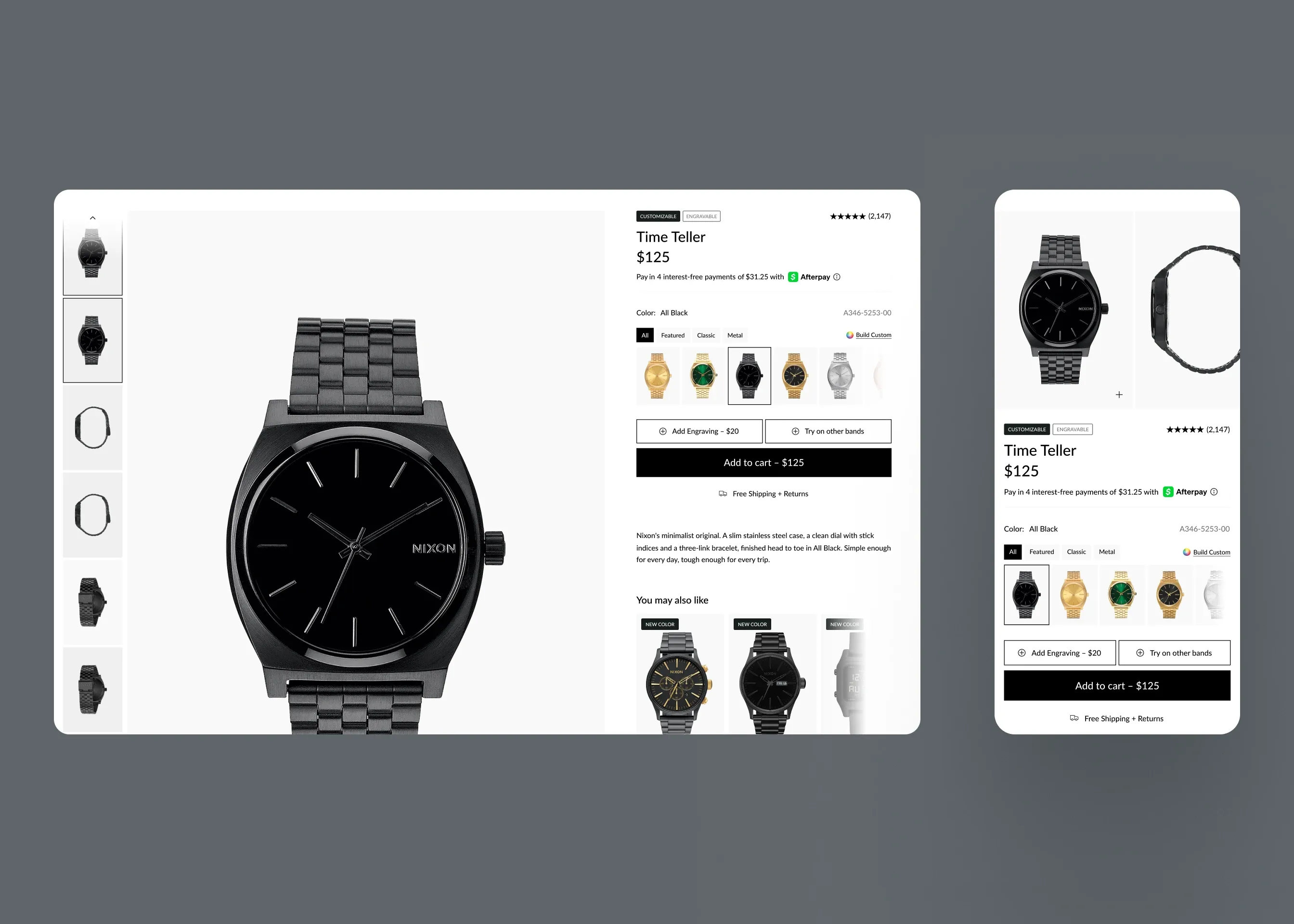 Nixon — desktop product page with engraving and band options; mobile product page